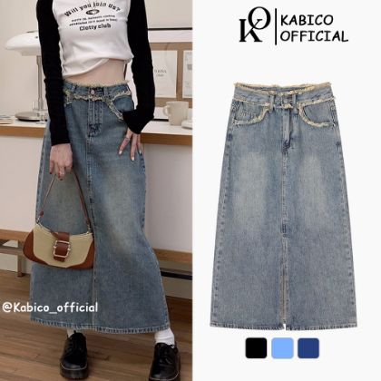 Ảnh của Chân váy jean dài KABICO xẻ trước cạp cao tua rua, váy jean nữ dáng rộng chữ a phong cách Hàn Quốc A4