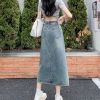 Ảnh của Chân váy jean dài KABICO xẻ trước cạp cao tua rua, váy jean nữ dáng rộng chữ a phong cách Hàn Quốc A4