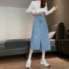 Ảnh của Chân váy nữ cạp cao xẻ gấu, chân váy jean nữ lệch vạt xẻ trước tua gấu mẫu mới _A5