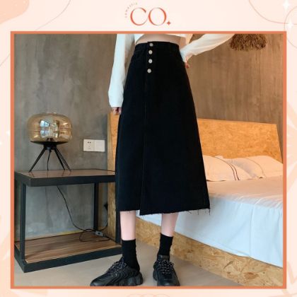 Ảnh của Chân váy nữ cạp cao xẻ gấu, chân váy jean nữ lệch vạt xẻ trước tua gấu mẫu mới _A5