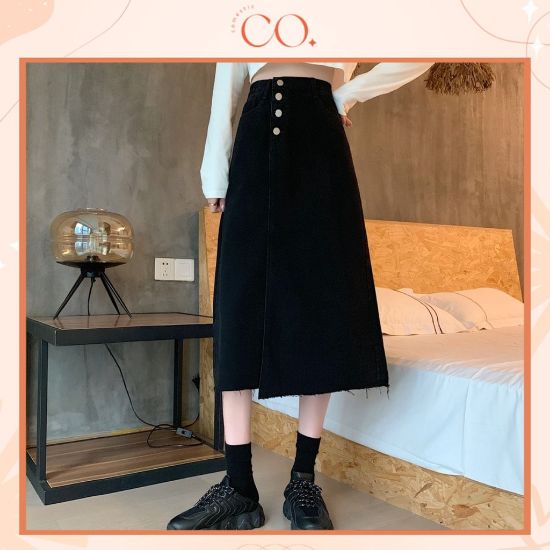 Ảnh của Chân váy nữ cạp cao xẻ gấu, chân váy jean nữ lệch vạt xẻ trước tua gấu mẫu mới _A5