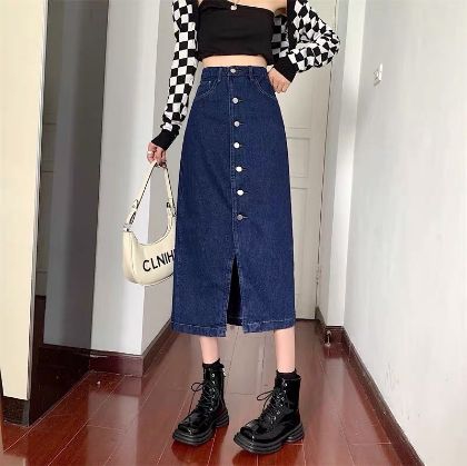 Ảnh của Chân váy jean dài nữ qua gối cạp cao, váy dài xẻ trước lưng cao phong cách ulzzang A8