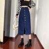 Ảnh của Chân váy jean dài nữ qua gối cạp cao, váy dài xẻ trước lưng cao phong cách ulzzang A8