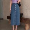 Ảnh của Chân váy jean dài nữ qua gối cạp cao, váy dài xẻ trước lưng cao phong cách ulzzang A8