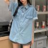 Ảnh của Áo sơ mi jean nữ cộc tay KABICO, áo sơ mi bò oversize form rộng 2 túi phong cách ulzzang G5