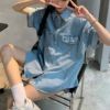 Ảnh của Áo sơ mi jean nữ cộc tay KABICO, áo sơ mi bò oversize form rộng 2 túi phong cách ulzzang G5