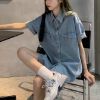 Ảnh của Áo sơ mi jean nữ cộc tay KABICO, áo sơ mi bò oversize form rộng 2 túi phong cách ulzzang G5