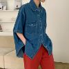Ảnh của Áo sơ mi jean nữ cộc tay KABICO, áo sơ mi bò oversize form rộng 2 túi phong cách ulzzang G5