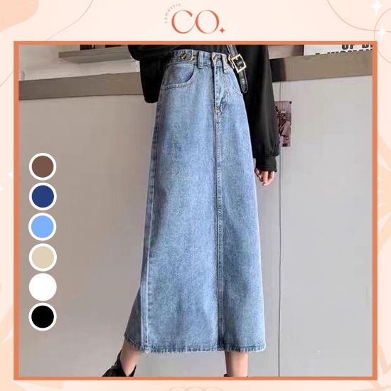 Picture of Chân váy jean kaki xòe xẻ gấu, chân váy bò nữ dài cạp cao chỉnh gấu phong cách A9