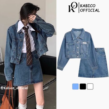 Ảnh của Sét áo khoác jean nữ KABICO dáng ngắn có bán kèm chân váy jean ngắn phong cách ulzzang G6