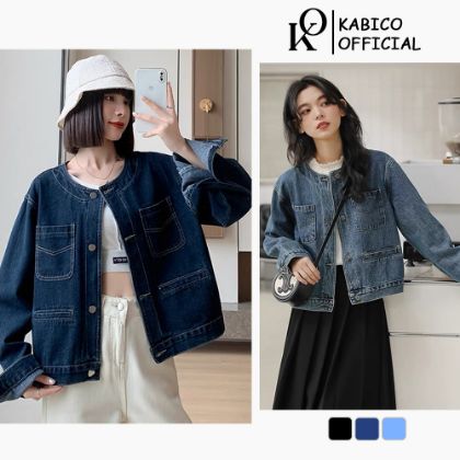 Ảnh của Áo khoác Jean nữ dài tay, áo khoác jean KABICO không cổ phong cách Ulzzang_G8