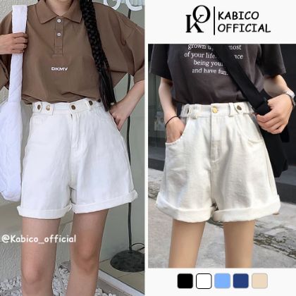 Ảnh của Quần short jean nữ KABICO kaki nữ lưng cao, quần sooc đùi jean cạp cao ống rộng sắn gấu C3