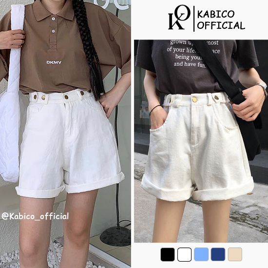 Ảnh của Quần short jean nữ KABICO kaki nữ lưng cao, quần sooc đùi jean cạp cao ống rộng sắn gấu C3