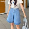 Ảnh của Quần short jean nữ KABICO kaki nữ lưng cao, quần sooc đùi jean cạp cao ống rộng sắn gấu C3