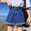 Ảnh của Quần short jean nữ KABICO kaki nữ lưng cao, quần sooc đùi jean cạp cao ống rộng sắn gấu C3