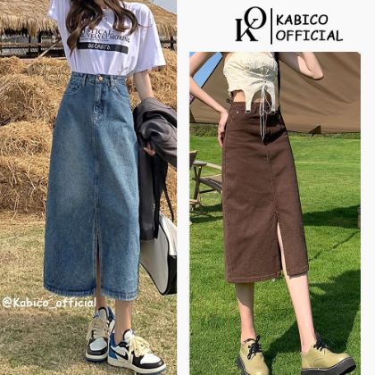 Ảnh của Chân váy jean nữ dài xẻ tà trước, chân váy kaki bò dài cạp cao phong cách ulzzang A12
