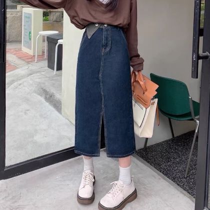 Ảnh của Chân váy jean kaki dáng dài, chân váy dài cạp cao phong cách Ulzzang_A15