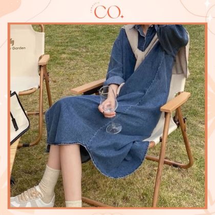 Ảnh của Váy sơ mi Jeans dáng dài, váy jean dài tay dáng rộng, mẫu mới A17