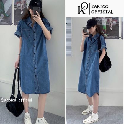 Ảnh của Váy sơ mi jean nữ dáng dài cộc tay, đầm sơ mi nữ form rộng phong cách ulzzang A18