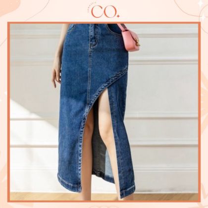Ảnh của Chân váy cạp cao dài qua gối, chân váy midi jean/ kaki phong cách_A19