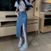 Ảnh của Chân váy cạp cao dài qua gối, chân váy midi jean/ kaki phong cách_A19
