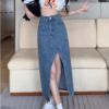 Ảnh của Chân váy cạp cao dài qua gối, chân váy midi jean/ kaki phong cách_A19