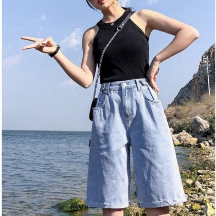 Ảnh của Quần short kaki nữ cạp cao ống rộng, quần sooc đùi nữ lưng cao tua gấu lưng cao ulzzang phong cách Hàn Quốc C21