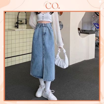 Ảnh của Chân váy midi xẻ trước và xẻ sau chỉnh cạp to nhỏ, chân váy cạp cao dài qua gối phong cách_a23