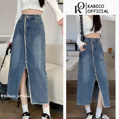 Ảnh của Chân Váy Jean dài cạp cao, chân váy tua gấu phong cách_A24