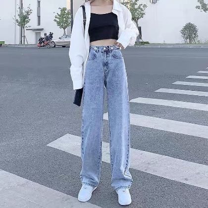 Ảnh của Quần jeans siêu dài cạp cao, quần jean ống rộng hai màu xanh đậm, xanh nhạt_j1