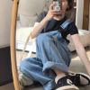 Ảnh của Quần yếm jeans nữ KABICO ống rộng, quần yếm xanh jean dài dáng rộng phong cách Hàn Quốc Y3
