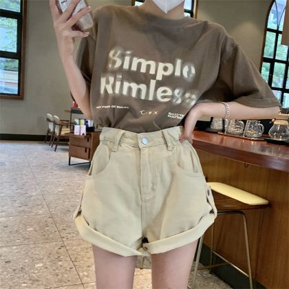 Ảnh của Quần short nữ KABICO quần short kaki jeans nữ lưng cao ống rộng ôm eo xắn gấu phong cách C40