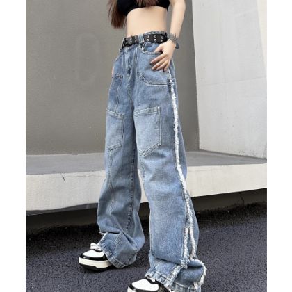 Ảnh của Quần jean dài unisex cạp cao ống rộng, quần jean nam nữ dài tua rua phong cách HipHop_K47