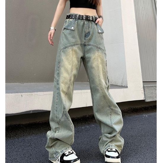 Ảnh của Quần jean dài cạp cao unisex, quần jean nam nữ ống rộng phong cách Ulzzang_K57