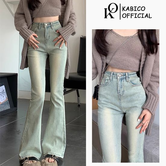Ảnh của Quần jean nữ ống loe KABICO dài cạp cao, quần jean baggy dài co giãn phong cách Ullzang K58