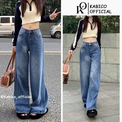 Ảnh của Quần jean dài nữ KABICO ống rộng cạp cap, quần jean baggy ống suông phong cách Ullzang K60