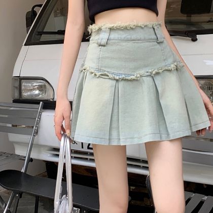 Ảnh của Chân váy jean nữ xếp ly cạp cao kèm quần trong, chân váy KABICO xếp ly dáng xòe phong cách_V43