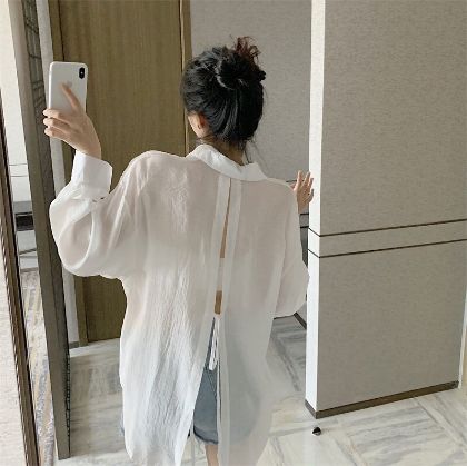 Ảnh của Áo sơ mi voan tay phồng KABICO sơ mi xẻ sau khoác ngoài mặc đi biển, du lịch form rộng dài tay mỏng nhẹ thời trang