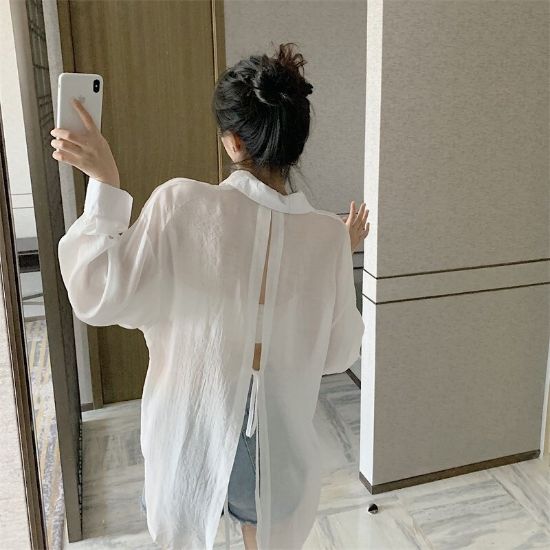 Picture of Áo sơ mi voan tay phồng KABICO sơ mi xẻ sau khoác ngoài mặc đi biển, du lịch form rộng dài tay mỏng nhẹ thời trang
