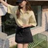 Picture of Áo sơ mi nữ cộc tay KABICO form rộng ulzzang, dáng basic màu trắng vàng, dễ phối đồ_Z1