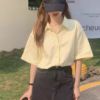 Picture of Áo sơ mi nữ cộc tay KABICO form rộng ulzzang, dáng basic màu trắng vàng, dễ phối đồ_Z1