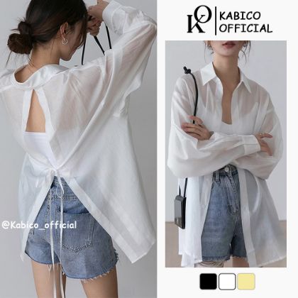 Ảnh của Áo sơ mi voan tay phồng KABICO áo sơ mi nữ xẻ sau khoác ngoài mặc đi biển, du lịch form rộng dài tay mỏng nhẹ