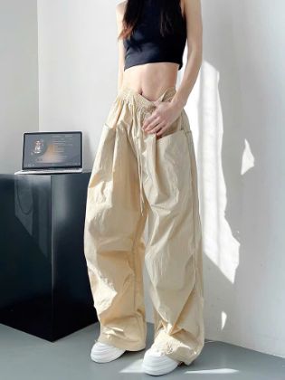 Ảnh của Quần gió nữ ống rộng dáng dài túi trước, quần dài cạp chun KABIO kiểu dáng thanh lịch unisex_j38